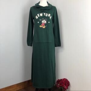 Disney Mickey Mouse Dark Green New York Long Sweatshirt Hoodie Dress Medium